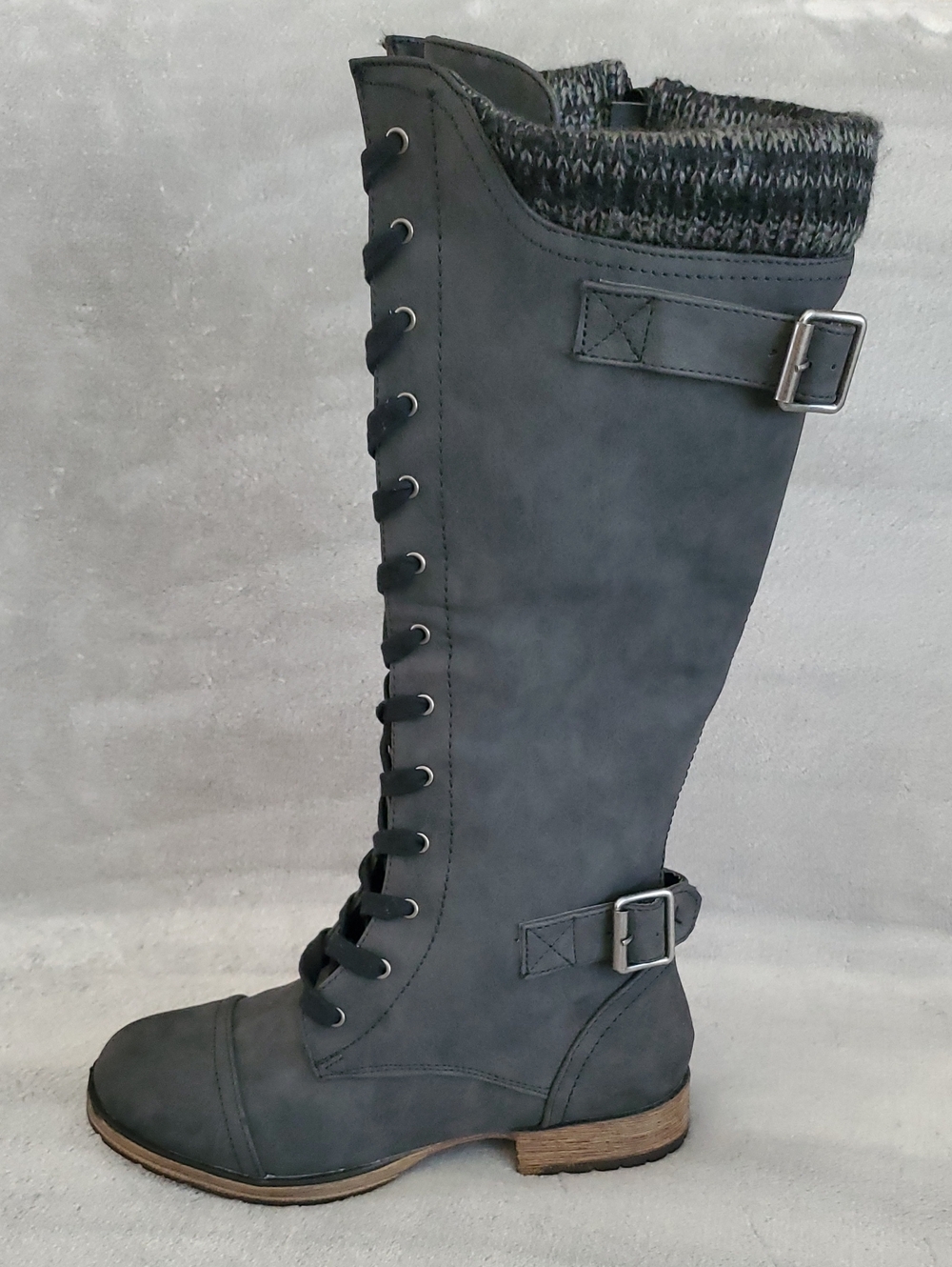 🆕️ JUSTFAB Athena Charcoal Gray Faux Leather Tall Lace-Up Boots WOMEN'S SIZE: 7